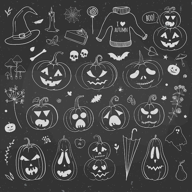 Carved pumpkins and Halloween doodles on a chalkboard