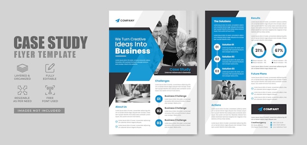 Case study flyer template for corporate business project with company logo and icon