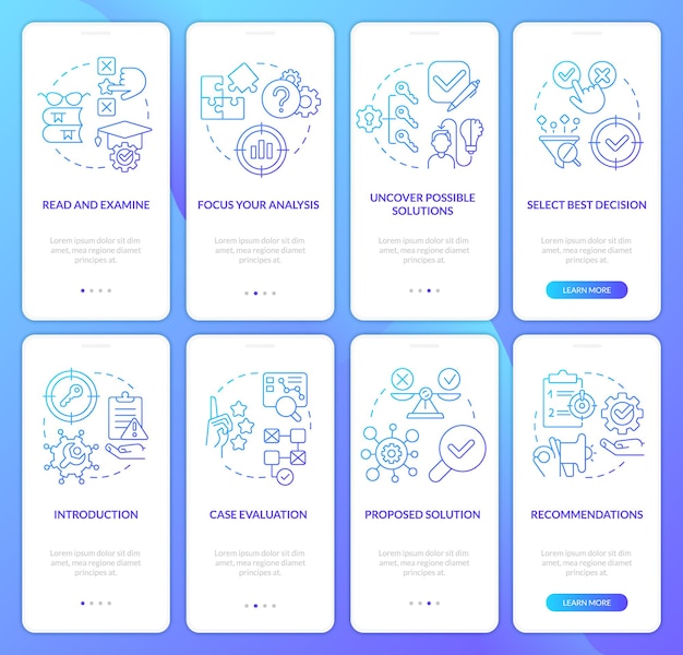 Case study structure and draft blue gradient onboarding mobile app screen set