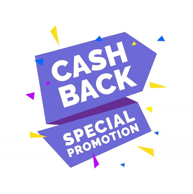 Cash back, special promotion lettering on violet origami ribbon with colorful triangles.