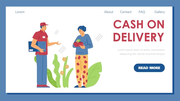 Cash on delivery banner with courier gets cash flat vector illustration