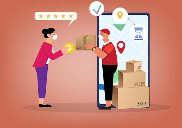 Cash On Delivery service concept order tracking and evaluate the service 5 stars  Flat style cartoon illustration vector