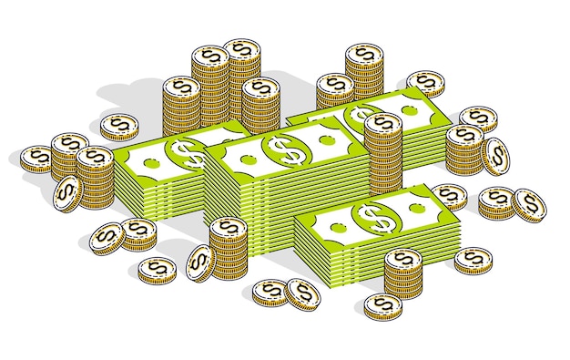 Cash money dollar stacks and coins cents piles isolated on white background. Vector 3d isometric business and finance illustration, thin line design.