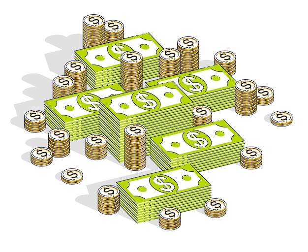 Cash money dollar stacks and coins cents piles isolated on white background. Vector 3d isometric business and finance illustration, thin line design.