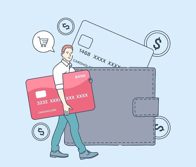 Cash payment, money transaction, saving and economy. Man buyer hold huge credit card and stand near wallet. Flat vector illustration