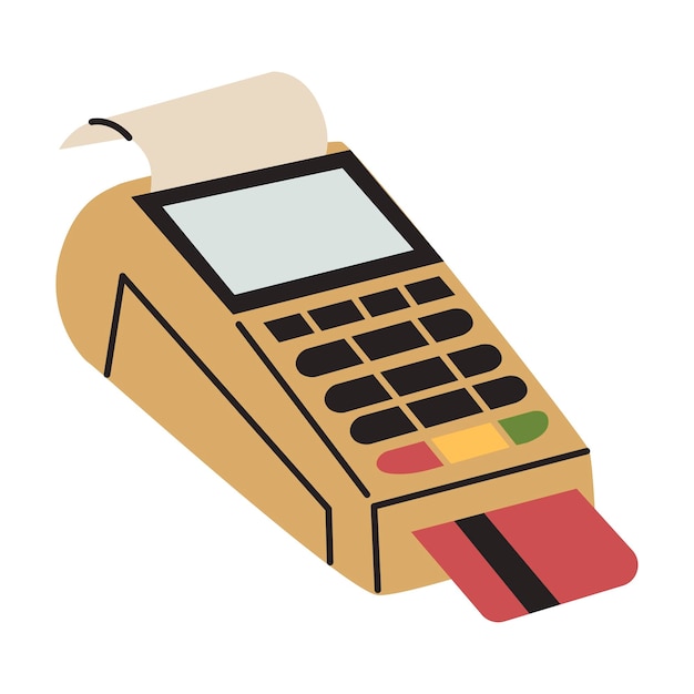 Cash register with touch screen Terminal for card reading and issuance of a purchase receipt Shopping Contactless payment online and financial concept Flat style in vector illustration Isolated