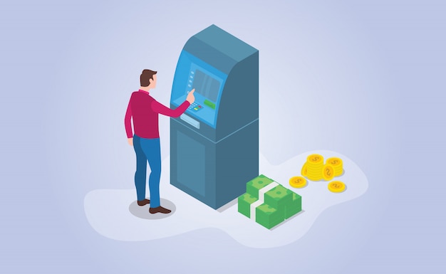 Vector cash withdrawal atm machine money with isometric modern flat style