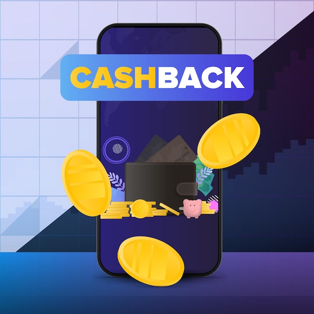 Cashback banner. Gold coins fall near the phone. The concept of earnings. Financial chart. Vector illustration.