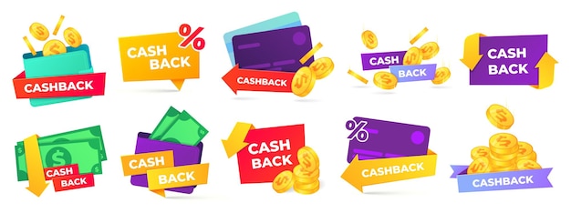 Cashback label. Money refund badges, cash back deal and return coins from purchases and payment labels set.