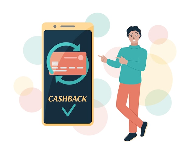 Cashback symbol in mobile phone Man standing and pointing at big smartphone screen with text and bank card arrows Cash back receiving concept Flat vector illustration