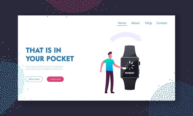 Vector cashless payment transaction landing page template. man customer uses smart watch for noncontact paying in supermarket