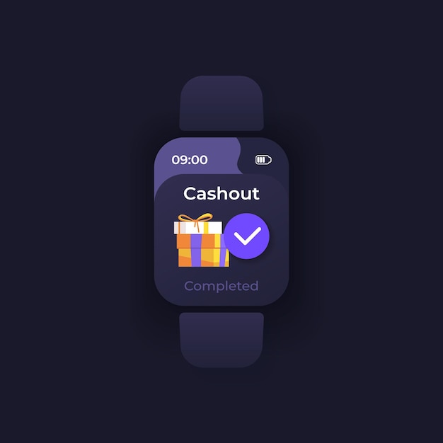 Vector cashout completed smartwatch interface vector template. mobile app notification night mode design. money transaction message screen. flat ui for application. presents on smart watch display