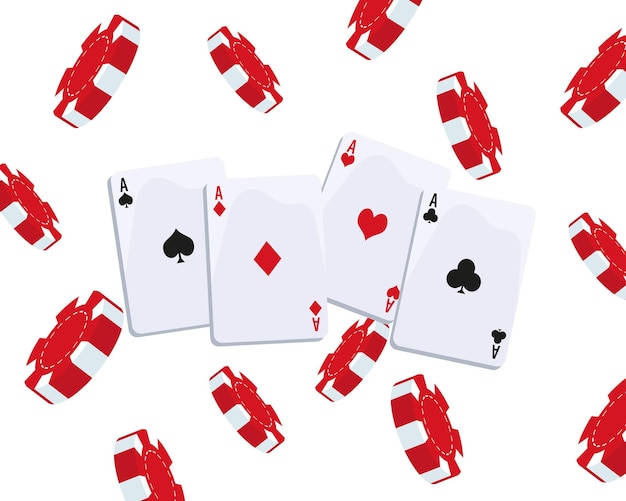 Casino background, aces of different suits and red playing chips on a white background. Illustration