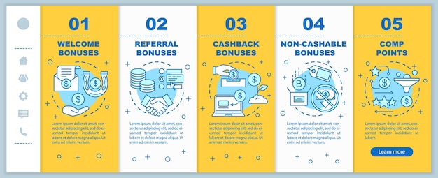 Casino bonuses onboarding mobile web pages vector template