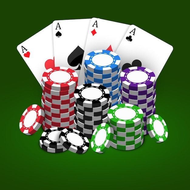 Casino chips with four pokers playing cards on green background vector