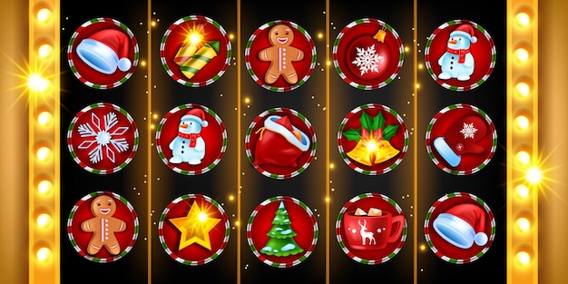 Casino Christmas 5reel slot game icon set vector gambling machine  xmas holiday winter background