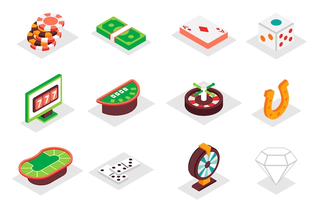 Casino concept 3d isometric icons set Pack isometry elements of chips money cards dice roulette luck jackpot poker table domino diamond and other Vector illustration for modern web design