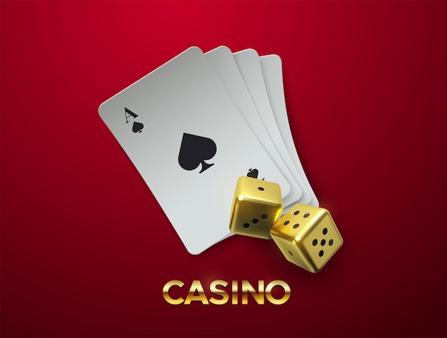 Casino concept of golden dices and playing cards stack isolated