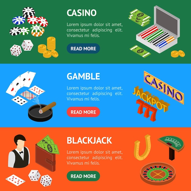 Casino and Gambling Game Banner Horizontal Set Isometric View Vector