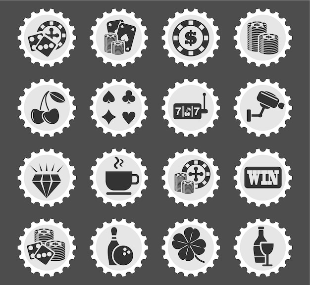 Casino icons on stylized round postage stamps