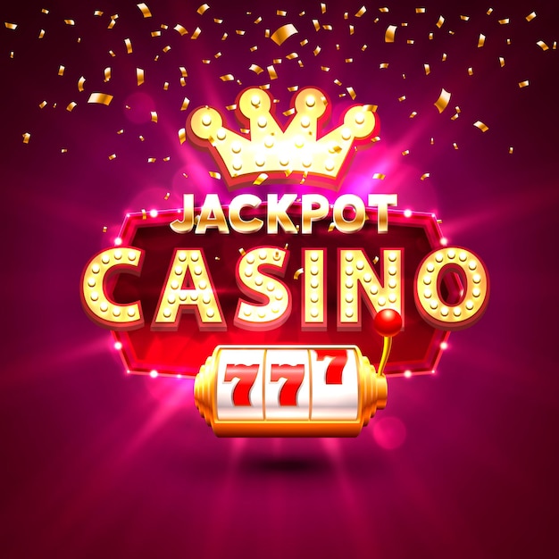 Casino jackpot 777 slots banner text, against the backdrop of bright rays. Vector illustration