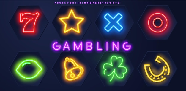 Casino neon signs set fortune risk winner token poker cards dices clover night bright advertising ve