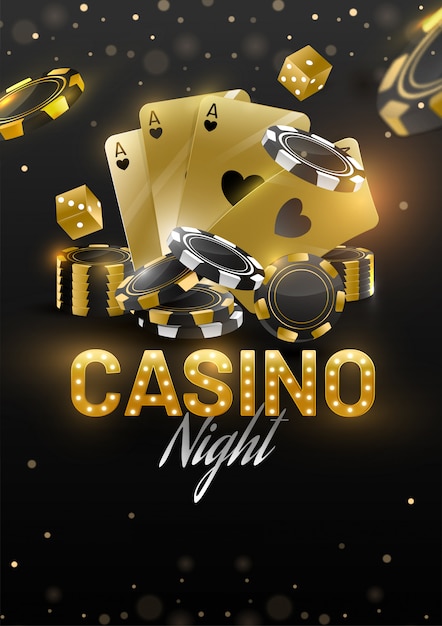 Casino Night banner template or flyer design with golden playing cards, dices and poker chips