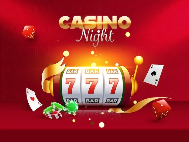 Casino Night Poster Or Flyer Layout With 3D Slot Machine, Dice, Poker Chips And Ace Cards On Red Background.