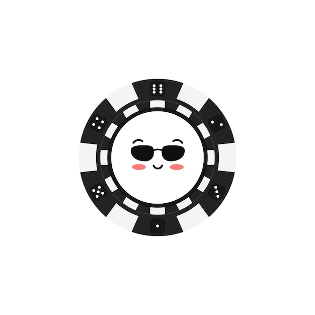 Casino poker chip in sunglasses emoticon isolated on white background Casino black coin chip with face character Vector flat design cartoon kawaii style illustration