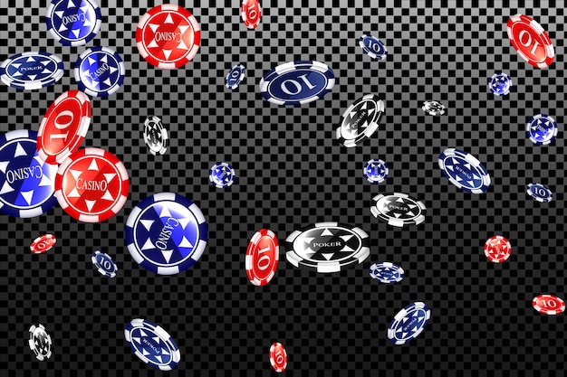 casino poker chips flying and exploding in front of transparent background