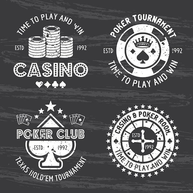 Casino and poker room set of vector gambling emblems labels badges or logos isolated on dark background