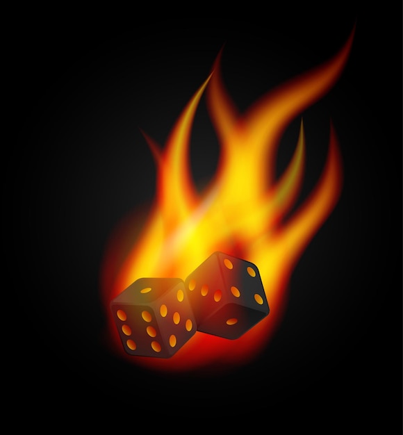 Casino realistic dice in fire 3d vector illustration for gambling games design poker tabletop