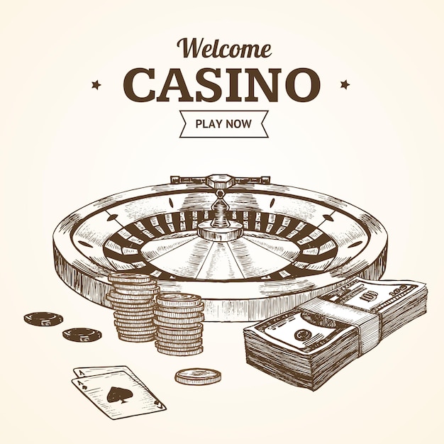 Casino Roulette Wheel Hand Draw Sketch Vintage Retro Style .