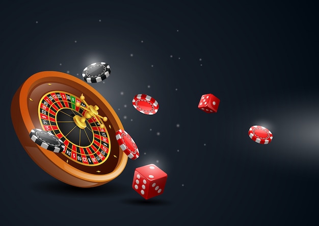 Casino roulette wheel with chips poker and red dice.  