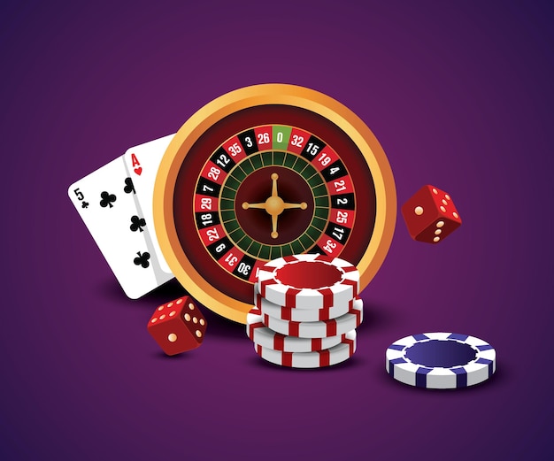 Casino roulette wheel with dice poker chips and playing cards Illustration