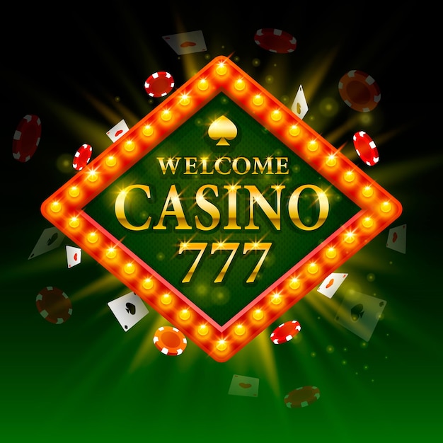 Casino signboard welcome. Billboard 777. Shining retro light frame. Vector illustration