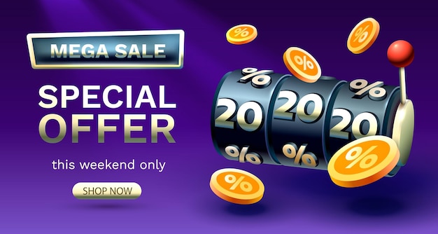 Casino slots mega sale 20 off banner promotion flyer Special offer Vector