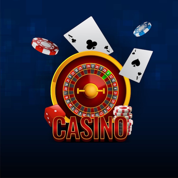 Casino Text With 3D Roulette Wheel, Ace Cards, Dices And Poker Chips On Blue Background.