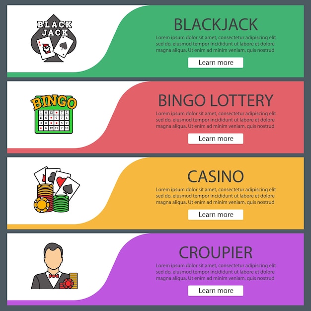 Casino web banner templates set. Blackjack, bingo lottery, casino, croupier. Website color menu items. Vector headers design concepts