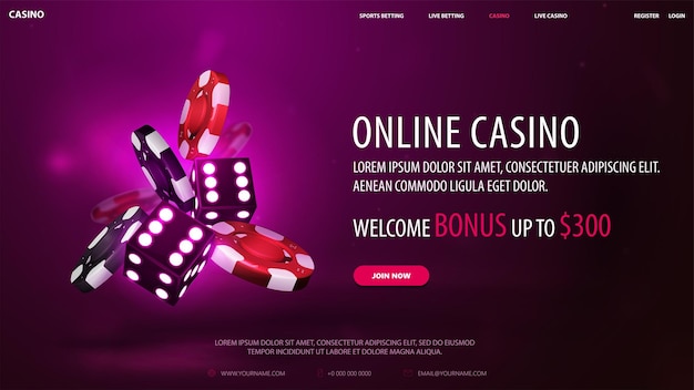 Casino web banner with purple neon 3D dice with red and black realistic gambling stack of casino chips on purple background