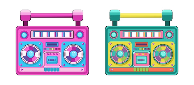 Cassette recorder 1980 Vector boombox pink yellow turquoise retro 80s