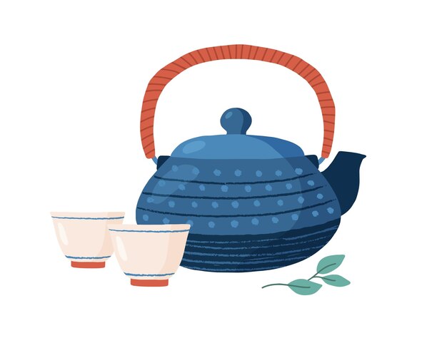 Cast iron colored teapot with cute cups and tealeaf. Tetsubin Kettle in dots. Kitchen crockery isolated on white background. Tea party concept. Hand drawn flat vector illustration.