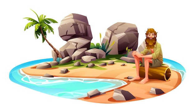 Vector castaway man on desert island vector cartoon illustration