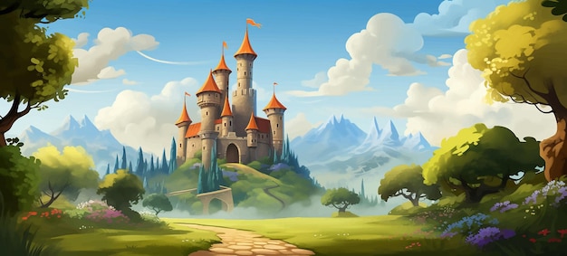 Vector castle illustration cartoon fantasy landscape nature house architecture background kingdom sky bui