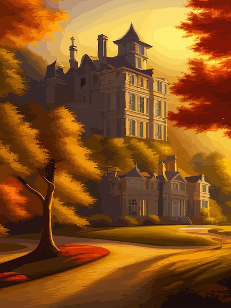 A castle on top of a hill surrounded by trees autumn landscape on a sunny day vector illustration