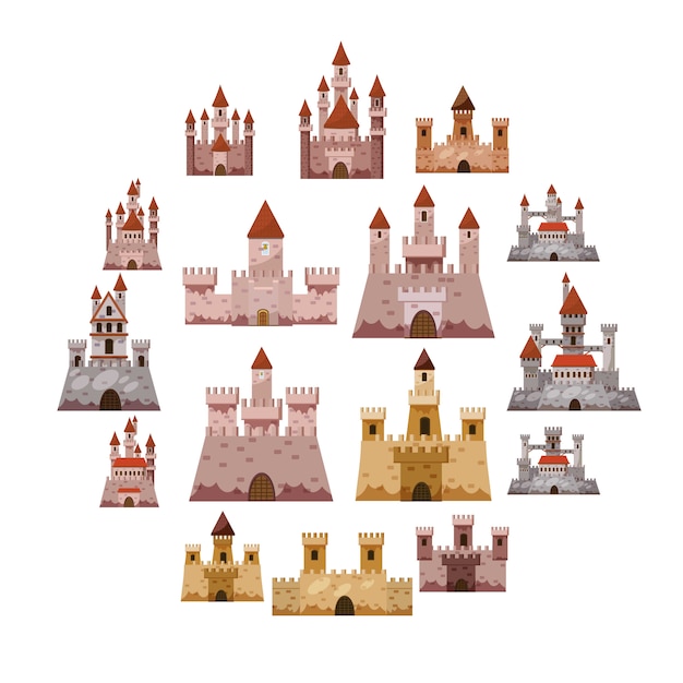 Castle tower icons set, cartoon style