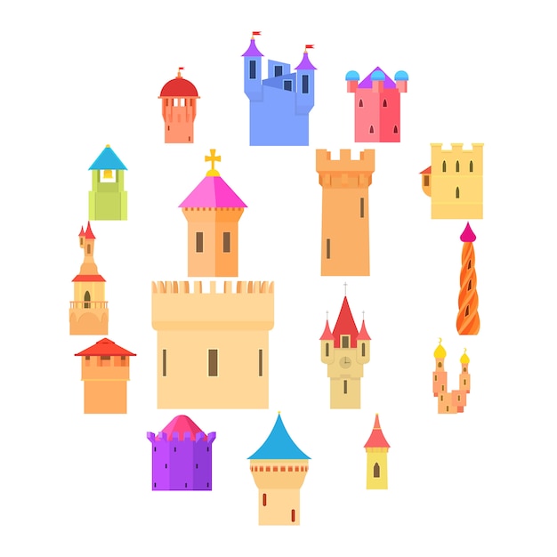 Castle tower icons set color, cartoon style