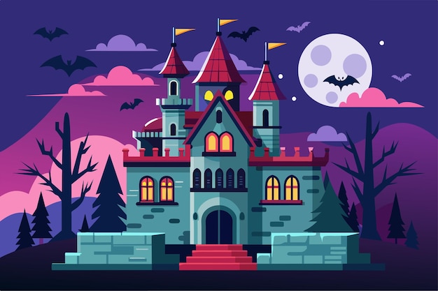 A castle with bats flying around set against the backdrop of a full moon Horror castle Customizable Flat Illustration