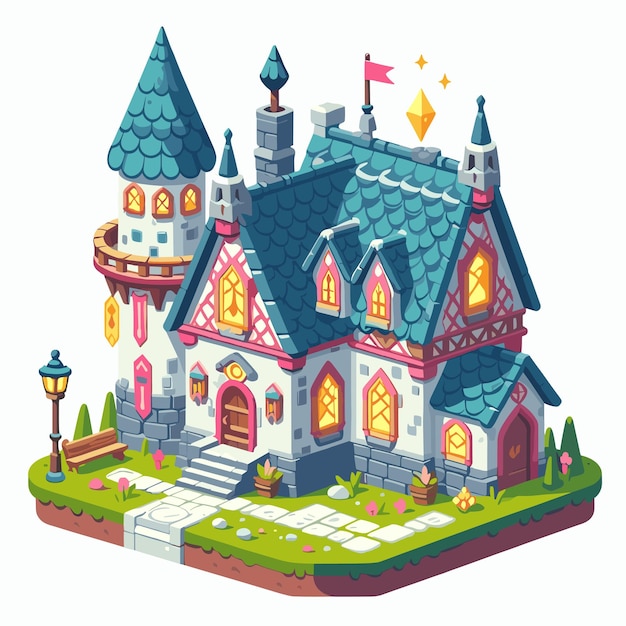 Vector a castle with a blue roof and pink trim