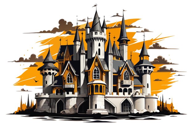 Vector a castle with a castle on the top and a yellow background